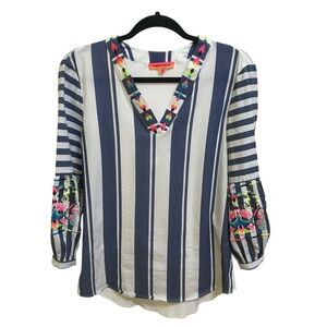 Vilagallo Embroidered‎ Stripe Blouse Boho Colorful V Neck 3/4 Sleeve EU 38